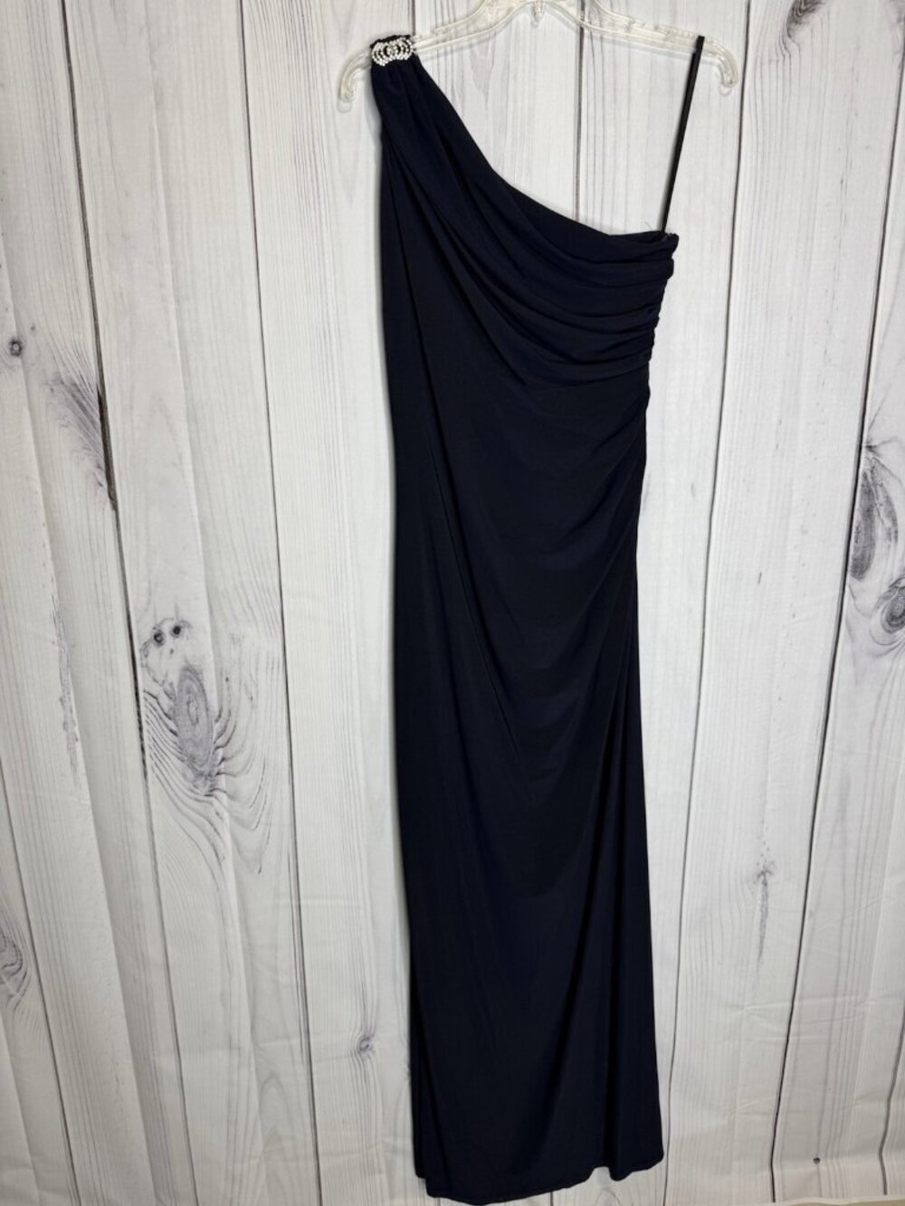 Betsy & Adam Navy Jersey Long Column Gown Sz 12 One Shoulder Rhinestone Ruching